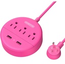 NTONPOWER Flat Plug Power Strip 3 Outlets 2 USB Ports, 5ft Cord, Pink