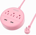 NTONPOWER Flat Plug P/Strip 3 Outlets 2 USB Ports, 5ft Cord, Rose Pink