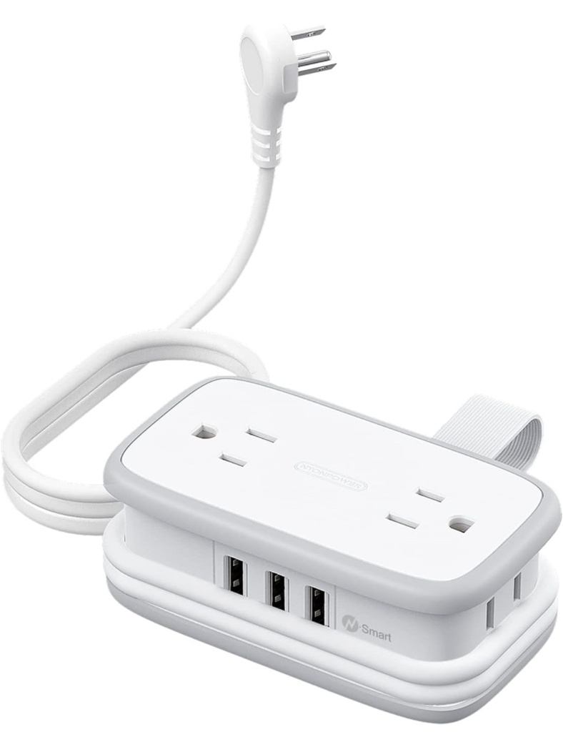 NTONPOWER Travel Power Strip with 4 Outlets 3 USB with 4FT Wrapped Extension Cord - White