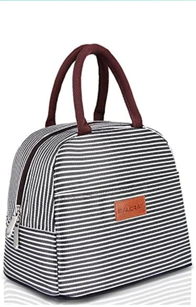 BALORAY Insulated Lunch Bag for Adult (black and white stripe brown handle)