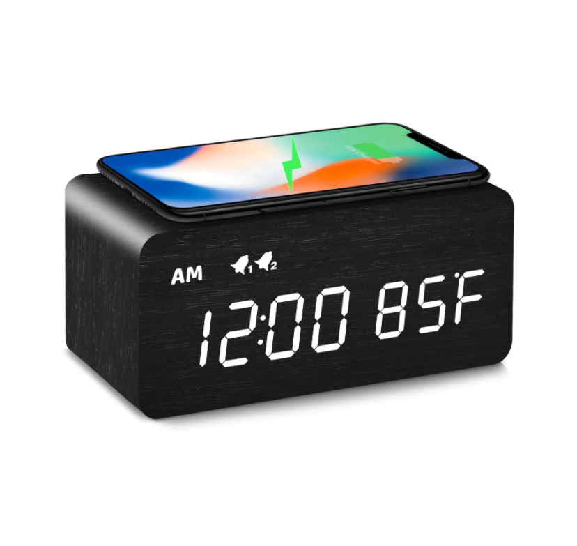 MOSITO Digital Wooden Alarm Clock with Wireless Charging (Black)
