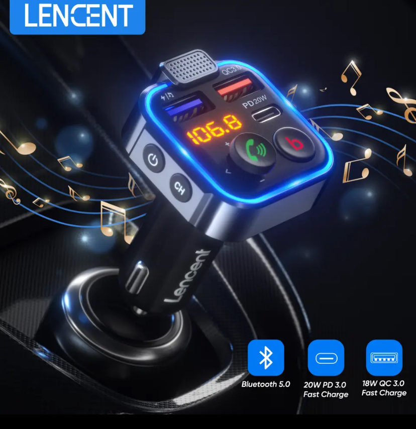 LENCENT FM Transmitter Audio MP3 Player With Type-C PD 20W+ QC3.0 Fast USB