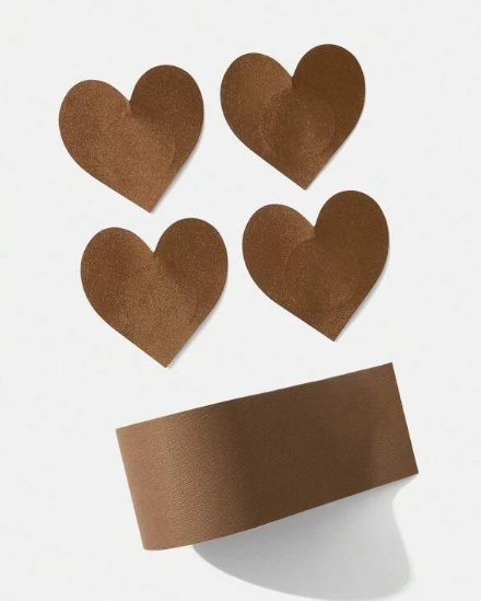 2pairs Heart shaped Nipple Cover & 1roll Breast Lift Tape - coffee brown