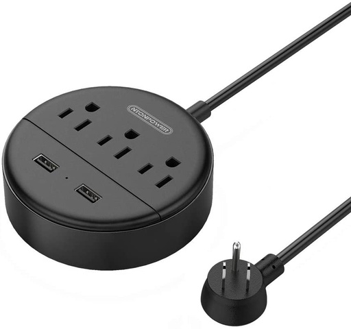 NTONPOWER Flat Plug P/Strip 3 Outlets 2 USB Ports, 5ft Cord, Black