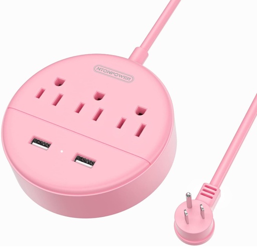 NTONPOWER Flat Plug P/Strip 3 Outlets 2 USB Ports, 5ft Cord, Rose Pink