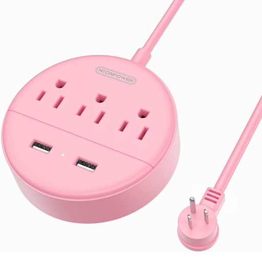 NTONPOWER Flat Plug Power Strip 3 Outlets 2 USB Ports, 5ft Cord, Rose Pink