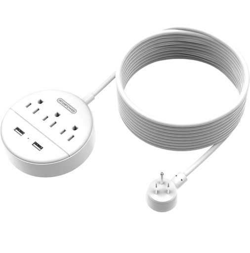 NTONPOWER Power Strip with 15ft Extension Cord, 3 Outlet 2 USB - White