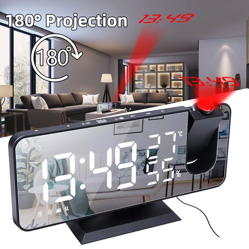 180° Projection LED Smart Alarm Clock : White on Black