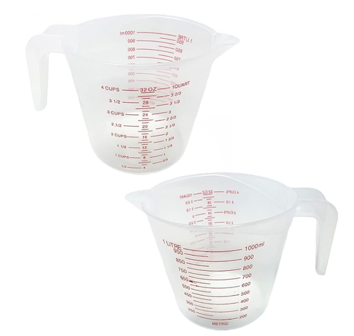 2 - Clear Plastic Measuring Cup - 4-Cup Capacity Milliliters, Liter, Oz, Cups, Quart